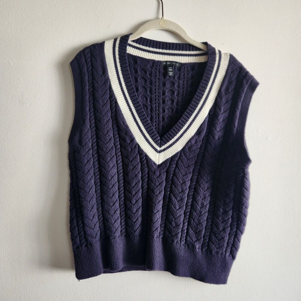 Beyond Yoga Women's The Cable Knit Sweater Vest Sleeveless V-Neck Blue White L